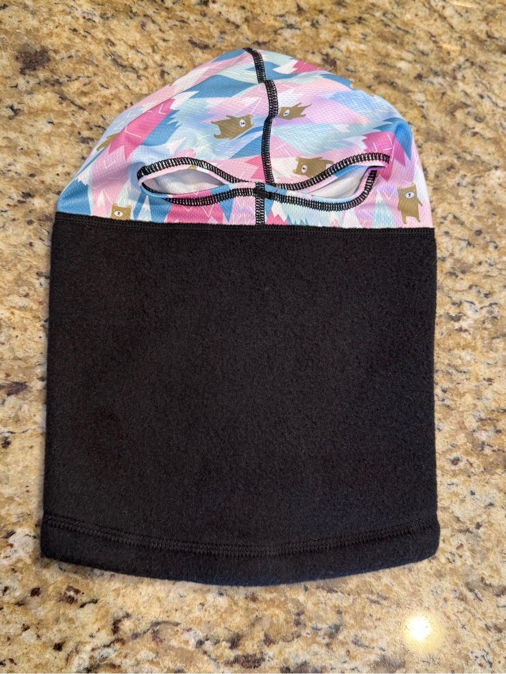 Black Fleece Balaclava Beanie with Pink & Blue Patterned Top - Child